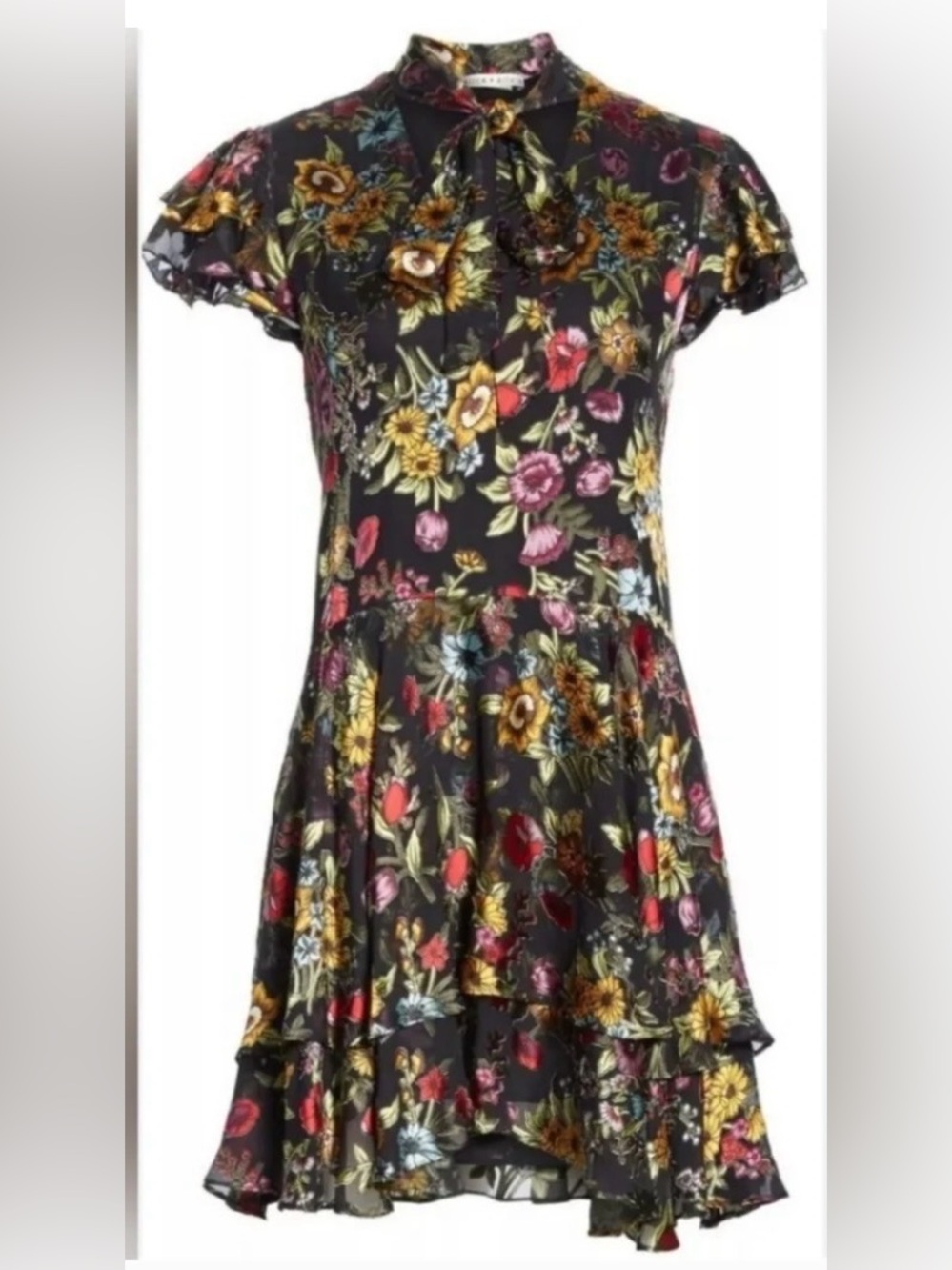 Alice + Olivia Moore Ruffle Tiered Floral Mini Silk Blend Dress Size 10
